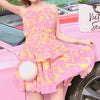 Korean Summer Pink Yellow Printed Chiffon Lotus Leaf Dress SD01624