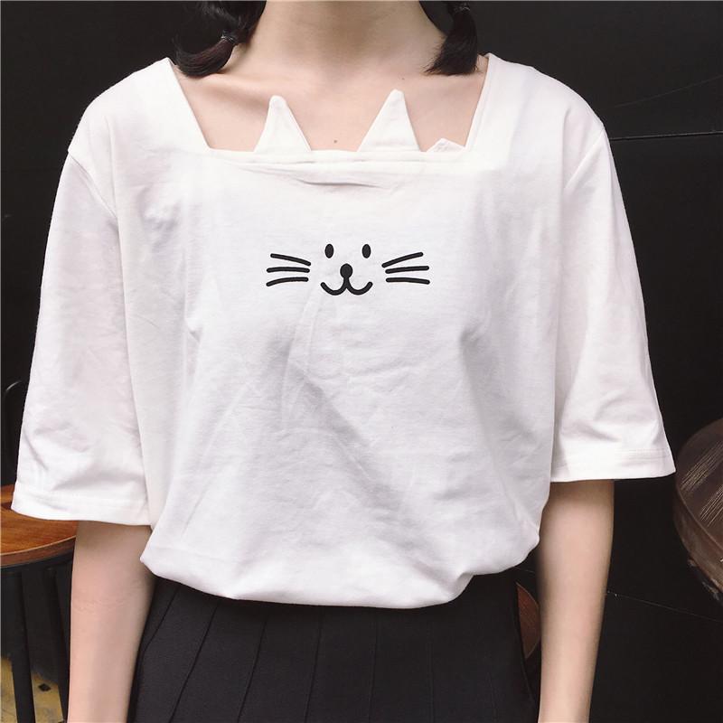 Cute Cat Embroidered Short-sleeved T-shirt SD01140