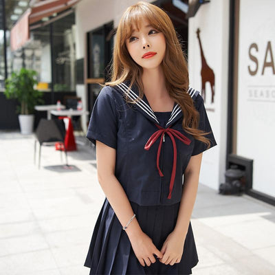 Japanese Navy Blue Red Ribbon Bow Sailor School Uniform Set SD01976