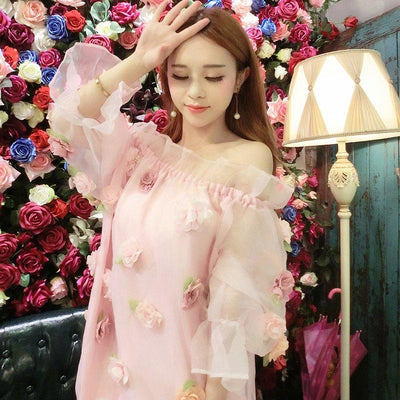 Kawaii sweet organza flowers flounced chiffon strapless dress SD01480