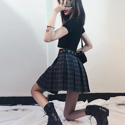 K-Pop Punk Plaid Skirt Black Short Belt SD00125