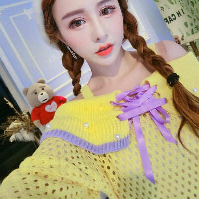 Yellow Knitted Woolen Pearl Shoulder-less Sweater SD00267