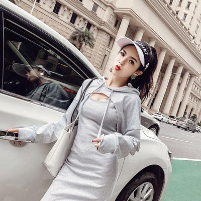 Grey Slim 2 Piece Dress + Hoodie Top SD00173