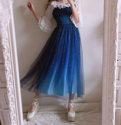 Japanese harajuku galaxy stars gradient blue long dress SD02468