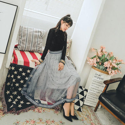 Korean Gauze Dots High Waist Long Skirt SD01488