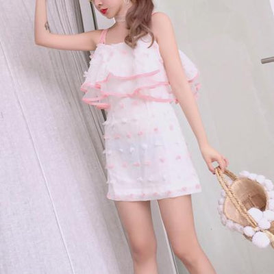 Korean Summer White Thin Chiffon Strap Shoulder-less Dress SD01626