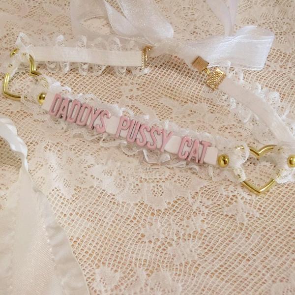 Kawaii "Daddy Pussy Cat" Heart Rings Lace Choker SD01713