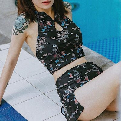 Dragon Printed Two Piece Cheongsam Swimsuit SD01615