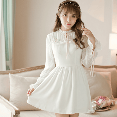 Japanese Autumn Slim embroidered chiffon long sleeves dress SD00664