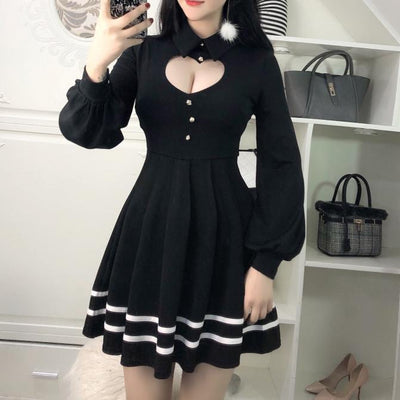 Heart Keyhole Hollow Cut Out Chest Lantern Sleeve Dress SD01286