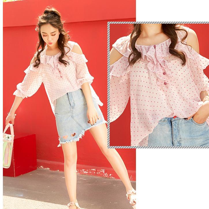 Pink Heart Thin Blouse Shoulder-less Chiffon Shirt SD00025