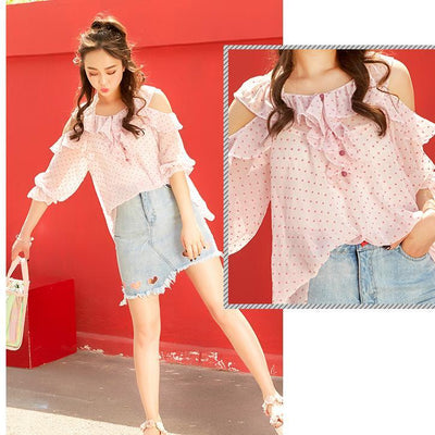 Pink Heart Thin Blouse Shoulder-less Chiffon Shirt SD00025