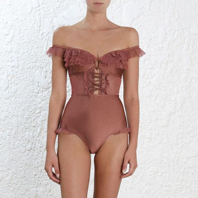 Vintage Floral Ruffle Strap Strings Bustier Swimsuit SD00542