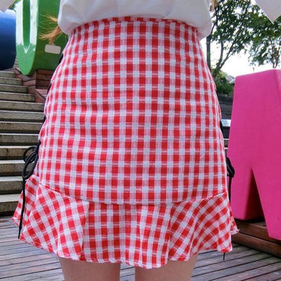 Red Plaid Side Corset Strings High Waist Skirt SD01899