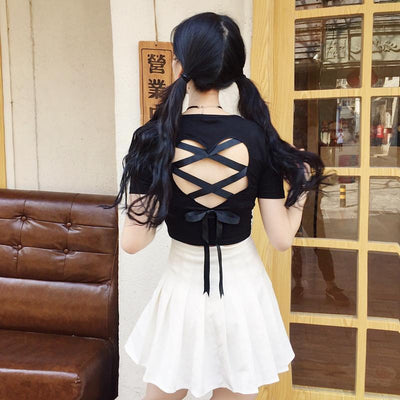 Black Hollow Heart Back Keyhole Hollow Cut Out Ribbon Top SD00035