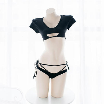 Sexy Black Strings Strappy Crop Top Micro Bikini 2 Piece Swimsuit Swim Suit Lingerie SD00832