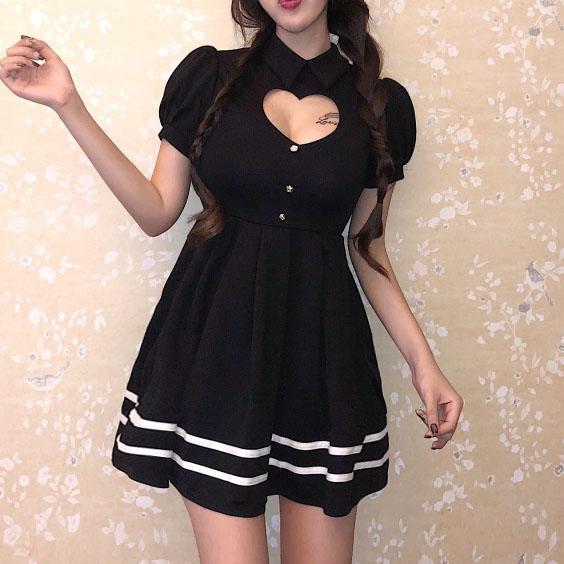 Sexy Heart Keyhole Hollow Cut Out Chest Short Sleeve Dress SD01284