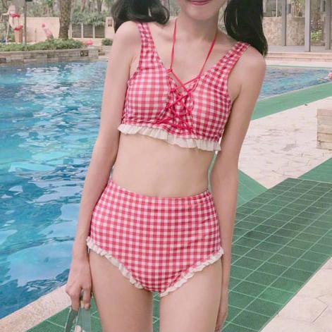 Japanese Summer Plaid Red Two Piece Swimsuit Swim Suit SD01493