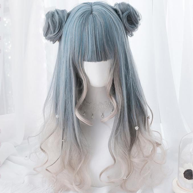 Blue Grey White Gradient Long Wig SD00200