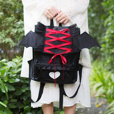 Japanese Harajuku Gothic Black Red Ribbon Bat Heart Backpack SD01013