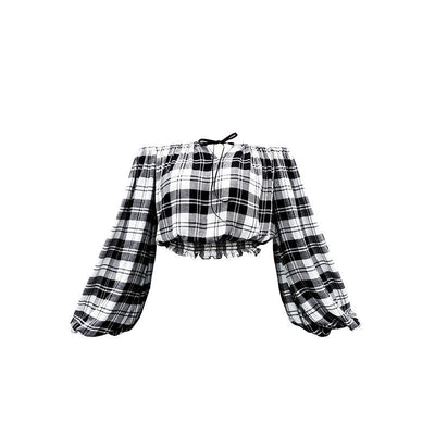 Punk Plaid Shoulder-less Top + Shorts Set SD00249