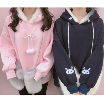 Japanese College Cute Embroidered Bunny Long-sleeved Loose Velor Hooded Sweater SD02029