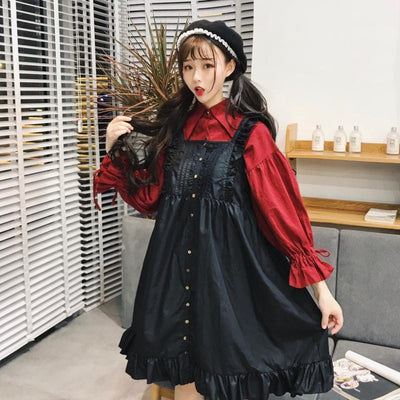 Lolita Black Ruffle Button Dres Red Blouse Set SD00407