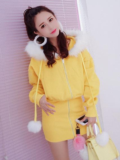 Fur Hoodie Zipper Sweater Dress SD00264
