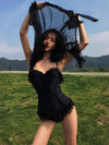 Japanese Black Mesh Sheer Ruffled One Piece Swimsuit Swim Suit SD01402