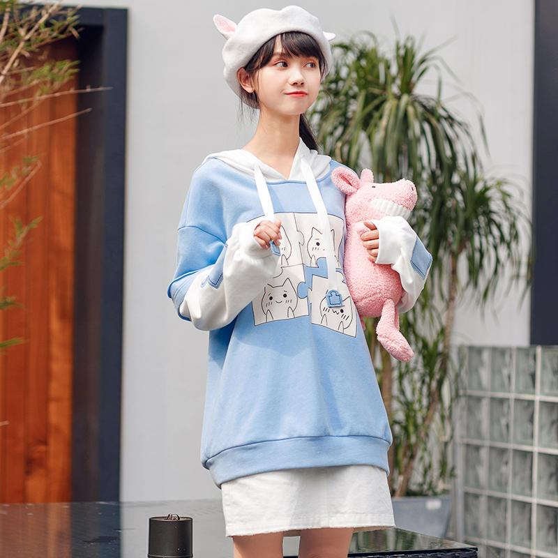 Japanese Kawaii Blue Neko Puzzle Print Sweater SD00767