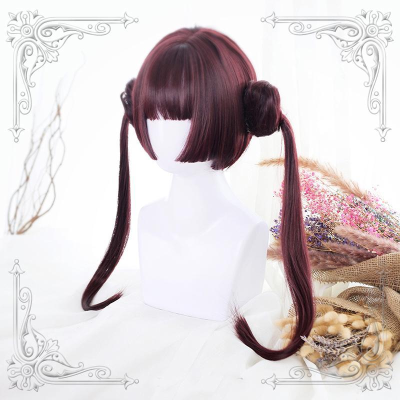 Harajuku lolita Bordeaux red long pony tails short wig SD01051