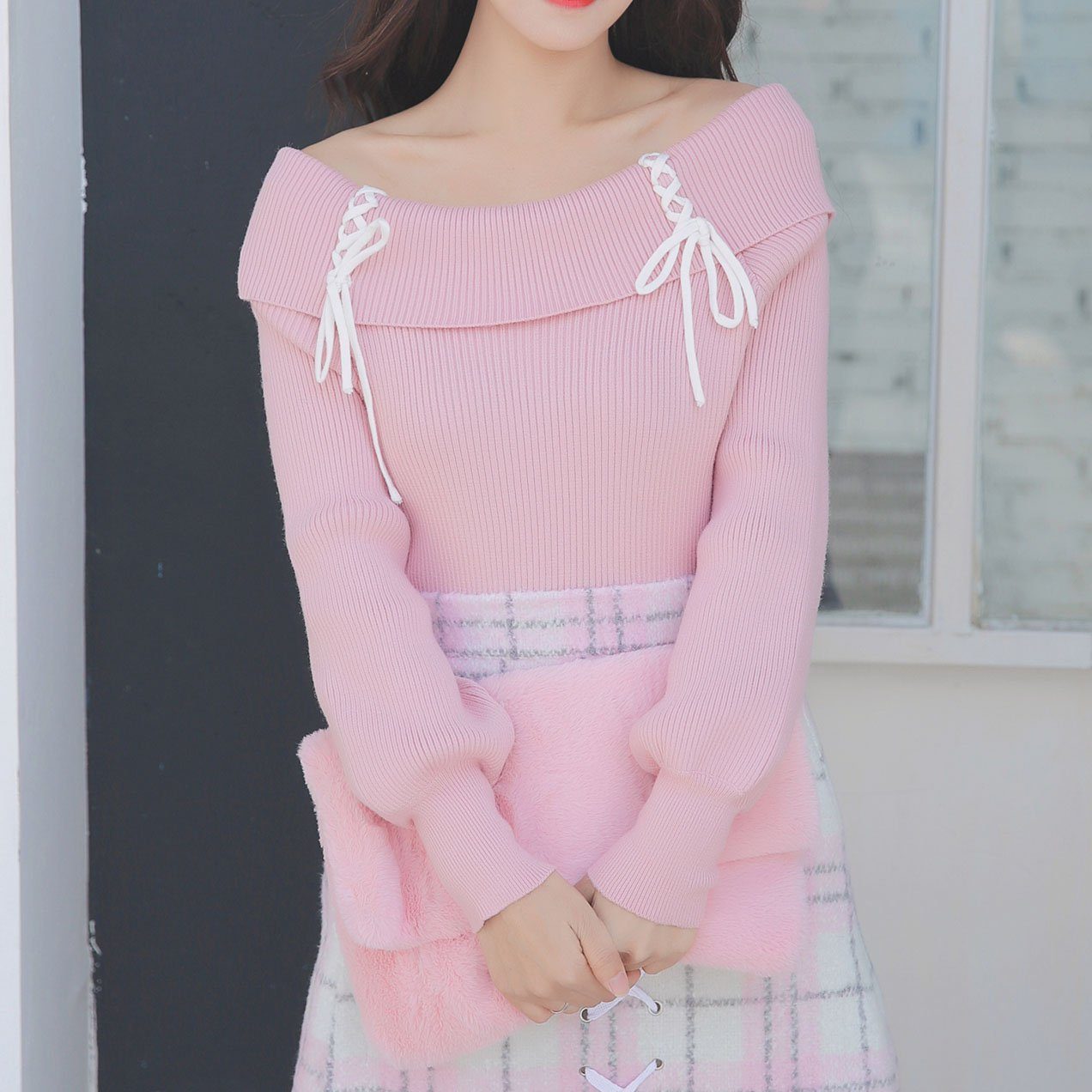 Cross Strings Pink Shoulder-less Sweater SD00279
