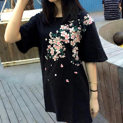 Blossom Cherry White Stork Embroidered T-shirt SD00502