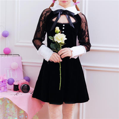 Japanese Sweet Black Lace Sleeve Ribbon Dress SD01247