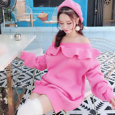 Korean Warm Pink Loose Lotus Long Sweater Dress SD01556