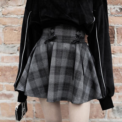 Dark Grey High Waist Plaid Cross Skirt SD00255