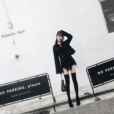 Black Chic Double Zipper Horn Sleeves Hooded Sweater Jacket SD01080
