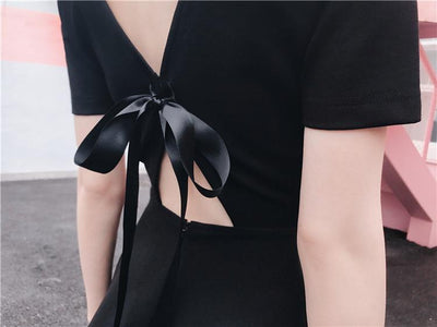 Japanese Summer Black Backless Ribbon Bow Dress SD01192