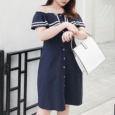 Plus Size Navy Lotus Shoulder-less Dress SD00165