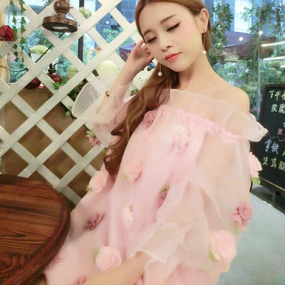 Kawaii sweet organza flowers flounced chiffon strapless dress SD01480