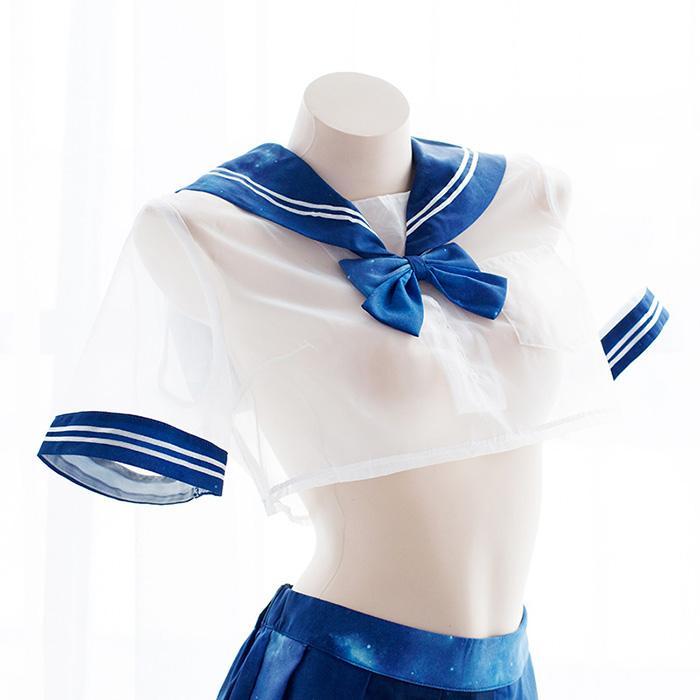 Sexy Transparent Sheer Galaxy Blue Sailor Short School Uniform Lingerie SD00167