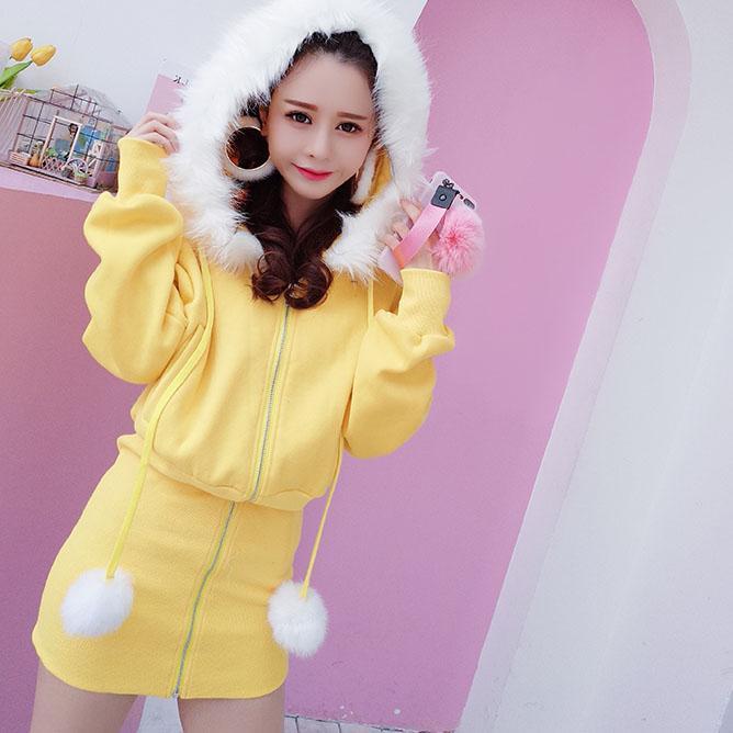 Fur Hoodie Zipper Sweater Dress SD00264