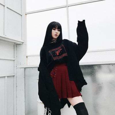 Japanese Black Red Print Gun Graphic Loose Long Sleeve Sweater SD01736