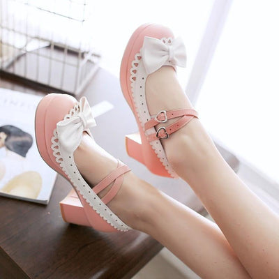 Harajuku Japanese Bow Lace Heart Strap Short Heels Shoes SD01997