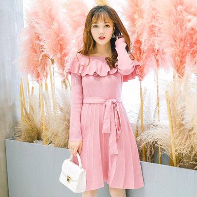 Korean sweet pink striped pleated dress SD00670