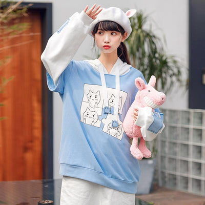 Japanese Kawaii Blue Neko Puzzle Print Sweater SD00767