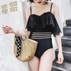 Black Striped Slim Ruffle One Piece Swimsuit SD02339