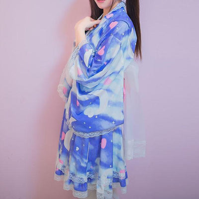 Japanese Purple Kawaii Night Sky Kimono Haori set SD02479