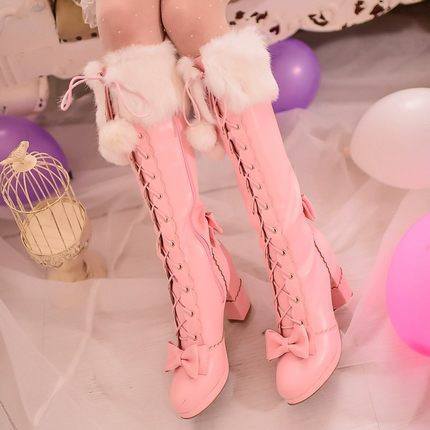 Sweet Pink/White Bow Tie Rabbit Fur High Heeled Boots Shoes SD01548