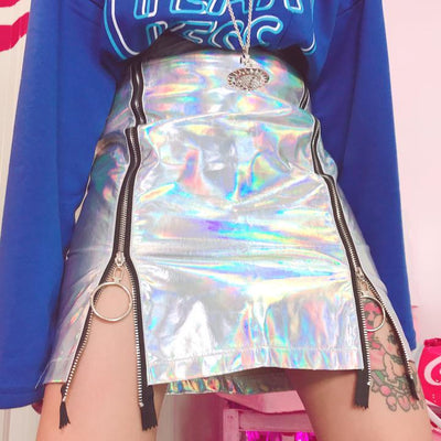 Holographic Laser Ring Zipper High Waist Skirt SD00059